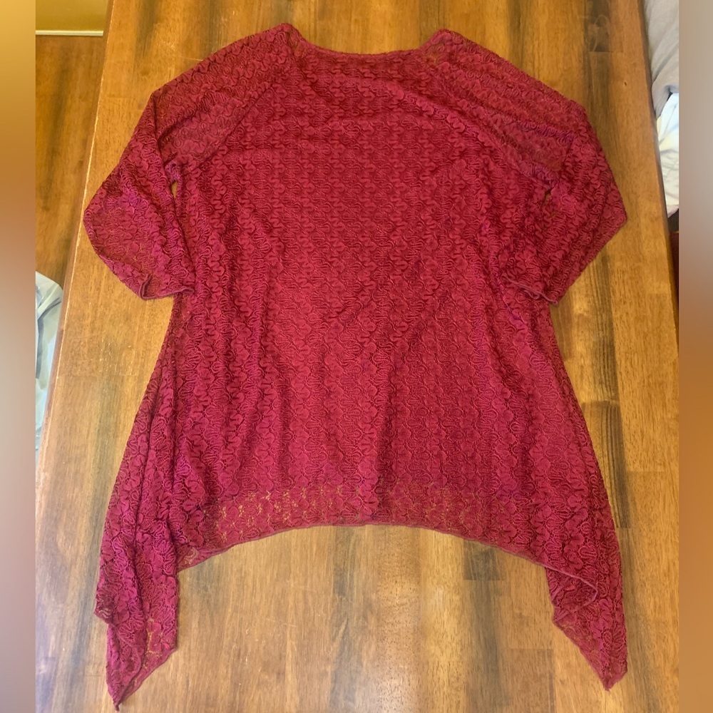 Indigo Soul Top 2XL Burgundy Shark bite Tunic Lined Lace Overlay 3/4 Lace Sleeve - Picture 8 of 9